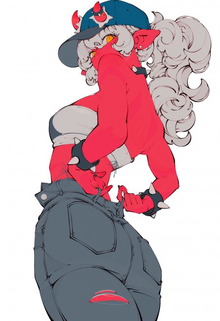 红肤恶魔少女戴蓝帽卷发侧身回眸动漫手机壁纸