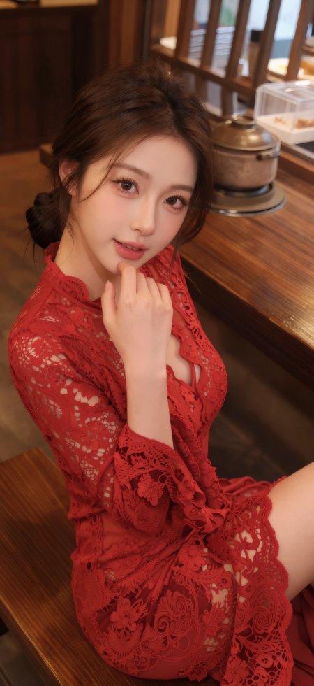 红裙蕾丝少女浅笑托腮暖红人物摄影手机壁纸
