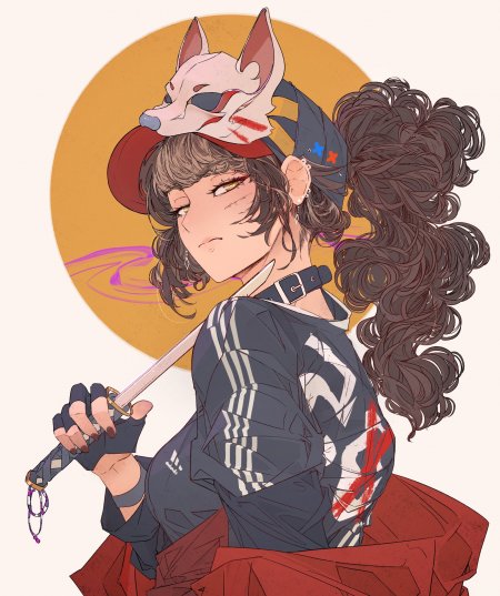 狐面少女持刀回眸暗金动漫手机壁纸
