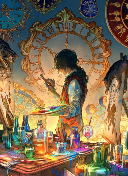 画家少年执笔调色盘前专注作画蓝金梦幻插画创意手机壁纸