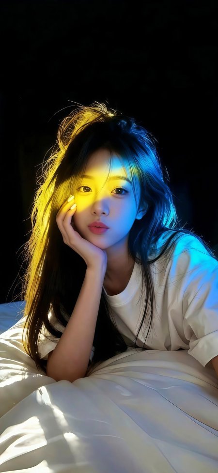 黄蓝光影侧颜托腮美女暗黑氛围人物摄影手机壁纸