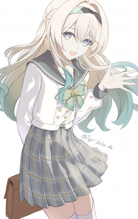 灰白长发水手服格纹裙少女动漫手机壁纸