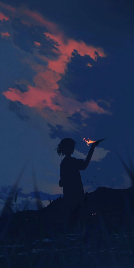 剪影少女手持火焰纸飞机暗蓝粉紫情感文艺创意手机壁纸