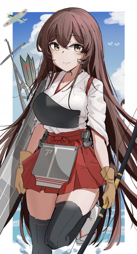 舰队赤城少女棕发黄瞳持舰载机背景蓝白动漫手机壁纸