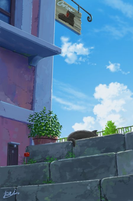 街角猫咪休憩石阶绿植蓝白天空动漫手机壁纸