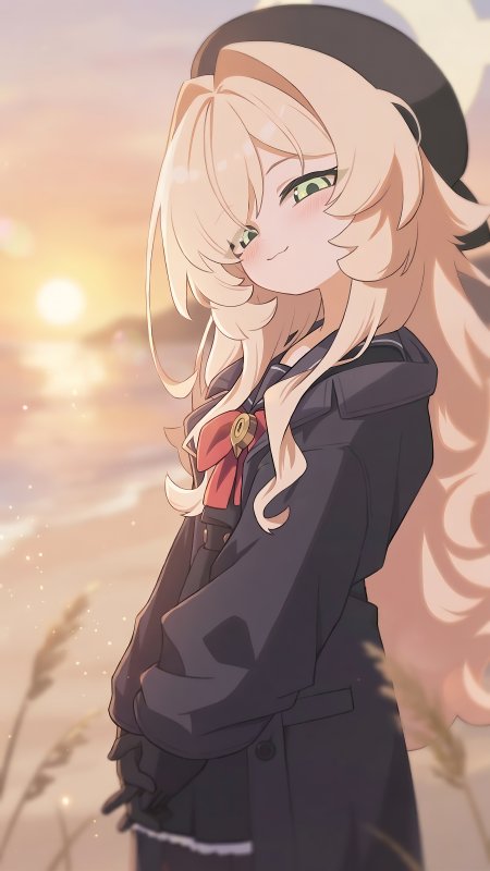 金发贝雷帽风衣少女海边夕阳唯美动漫手机壁纸