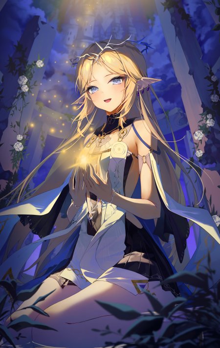 金发精灵少女手持光球蓝紫梦幻动漫手机壁纸