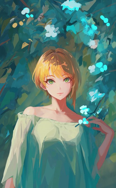 金发绿眼少女手持蓝花青绿背景动漫手机壁纸