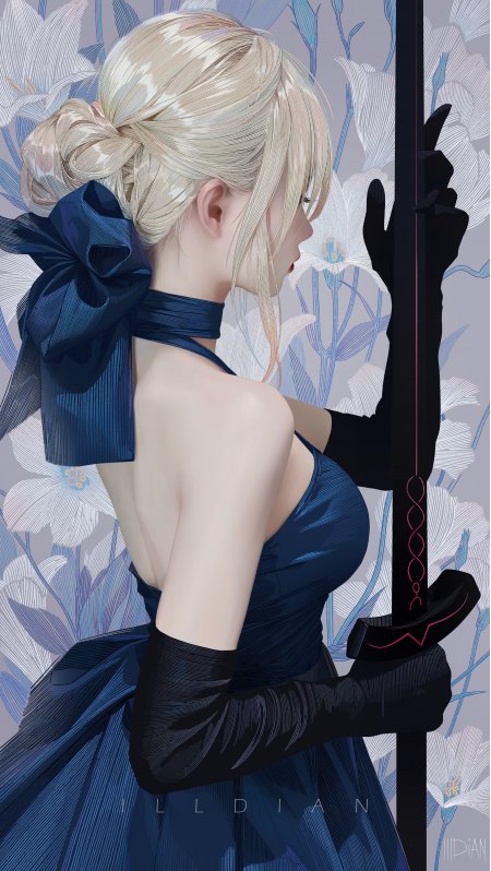 金发少女蓝裙黑手套持剑侧影蓝白花卉背景动漫手机壁纸