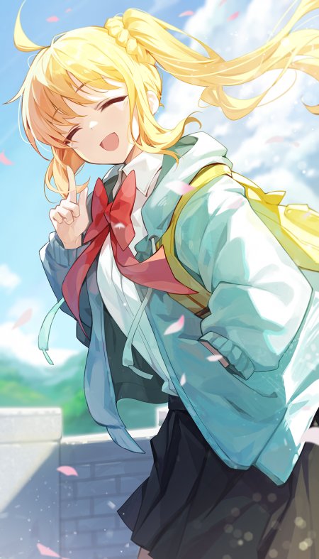 金发双马尾少女眨眼比耶蓝白清新动漫手机壁纸