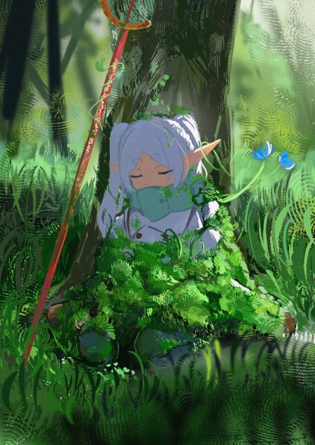 精灵少女闭眼静坐森林绿意盎然动漫手机壁纸