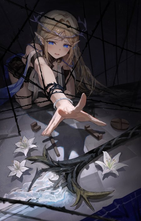 精灵少女伸手触水白百合荆棘暗蓝奇幻动漫手机壁纸