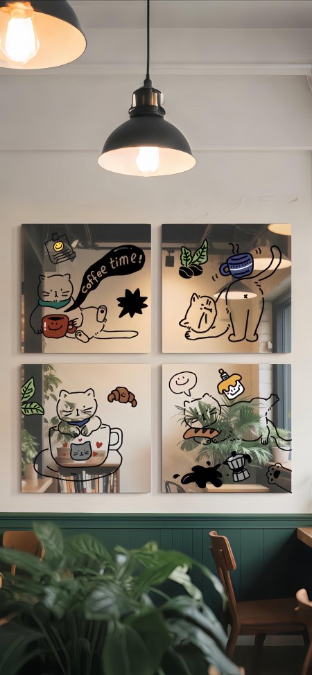 咖啡馆墙上四格猫咪插画温馨手绘风格暖调家居陈设创意手机壁纸