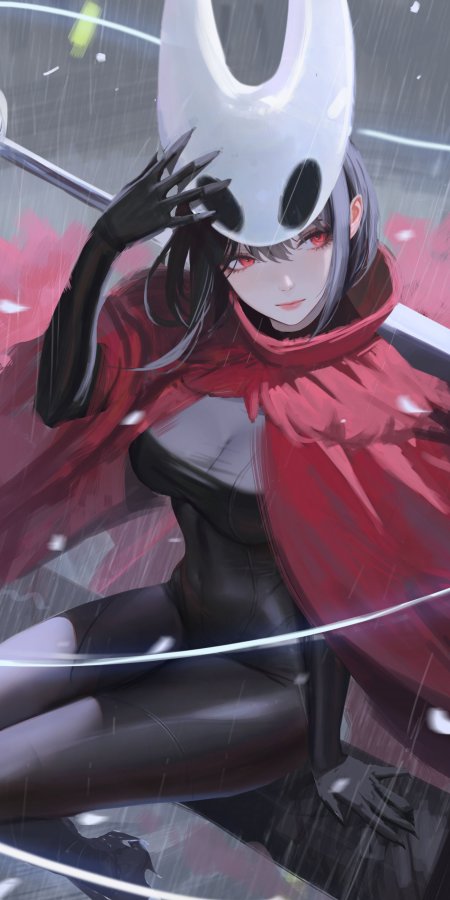 空洞骑士小骑士红披风黑衣雨中坐姿暗红动漫手机壁纸