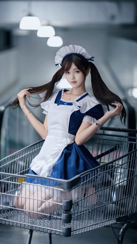 蓝白女仆装双马尾美女坐购物车冷调人物摄影手机壁纸