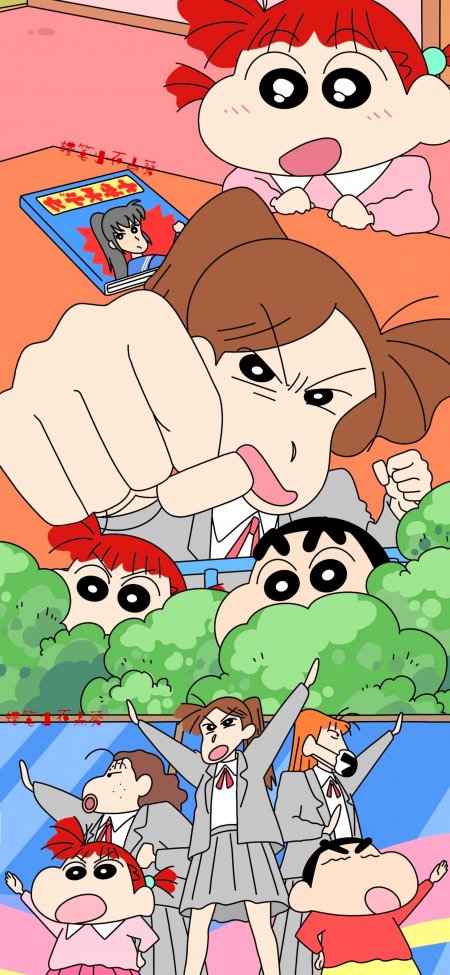 蜡笔小新樱田妮妮野原美冴等角色群像粉橙绿动漫手机壁纸