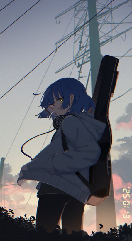 蓝发少女背吉他耳机黄昏电塔动漫手机壁纸