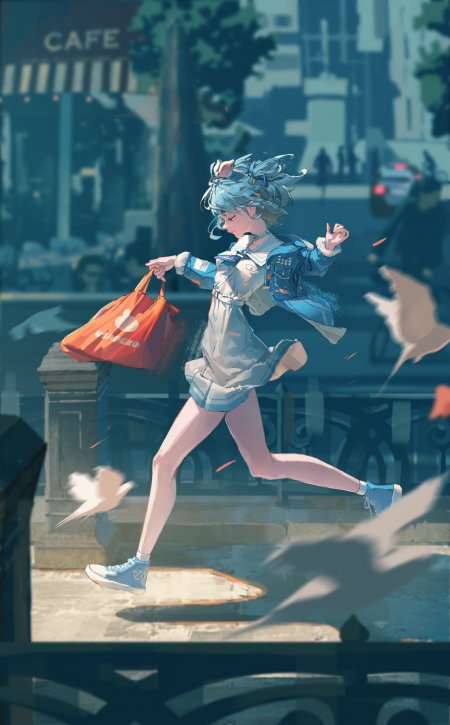 蓝发少女奔跑街景橙袋飘扬蓝白动漫手机壁纸