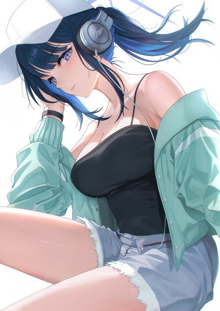 蓝发少女戴耳机白帽绿外套黑吊带动漫手机壁纸