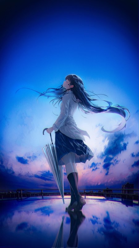蓝发少女持伞仰望天空蓝紫渐变动漫手机壁纸