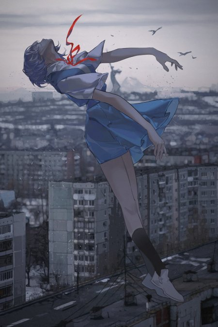 蓝发少女飘带飞舞灰蓝城市背景动漫手机壁纸