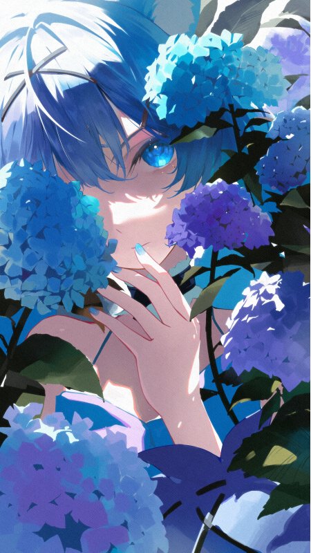 蓝发少女手抚绣球花蓝紫梦幻动漫手机壁纸