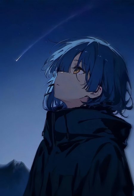 蓝发少女仰望流星夜空深蓝动漫手机壁纸