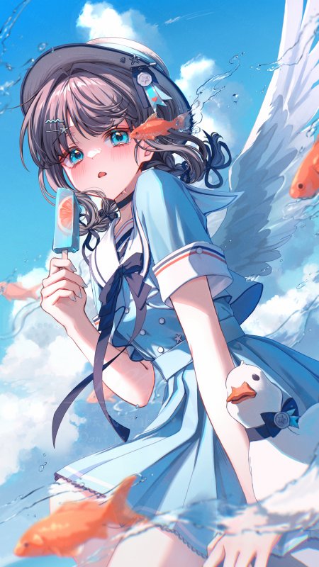 蓝发少女水手服持冰棒金鱼环绕天使翼蓝白动漫手机壁纸