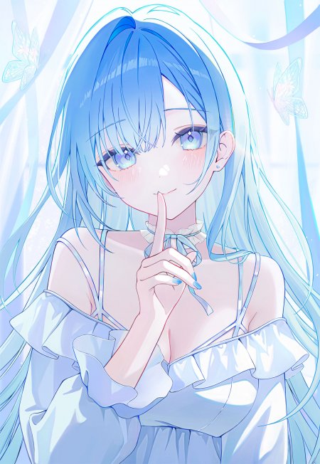 蓝发少女指尖轻触唇边淡蓝梦幻动漫手机壁纸
