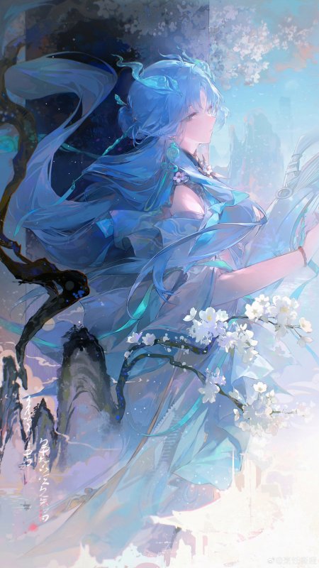 蓝发少女樱花树下侧身回眸蓝白梦幻古风动漫手机壁纸