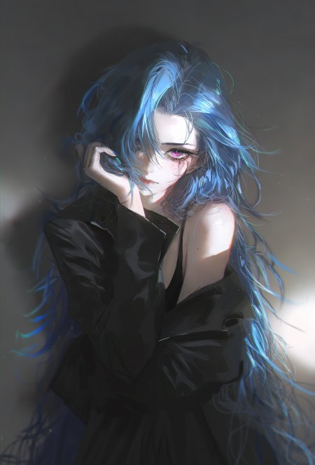 蓝发紫瞳少女黑衣侧颜暗调唯美动漫手机壁纸