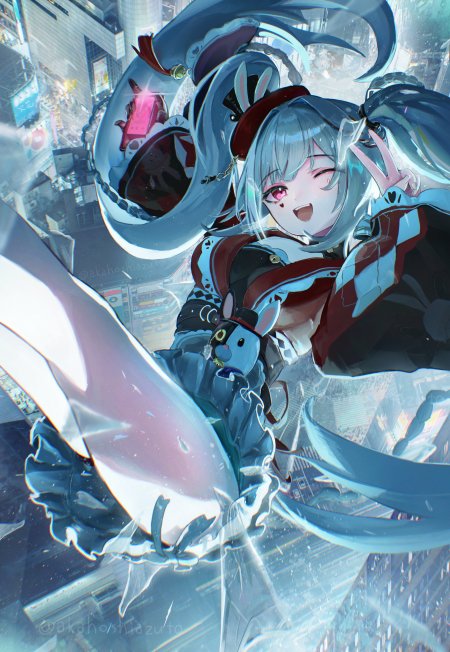 蓝色双马尾魔术师少女都市夜景动漫手机壁纸