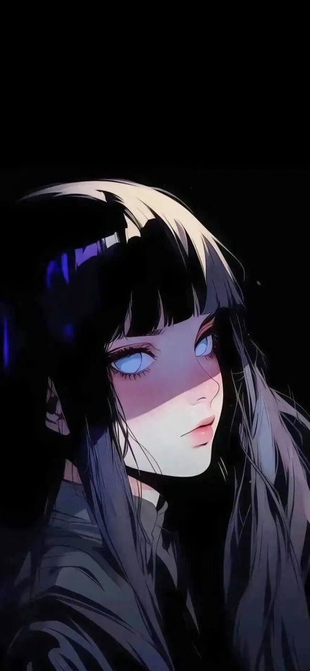 蓝瞳黑发少女侧脸凝视紫蓝光影动漫手机壁纸