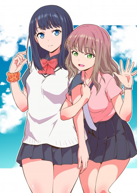 两位动漫少女蓝发绿眸校服互动粉蓝清新动漫手机壁纸