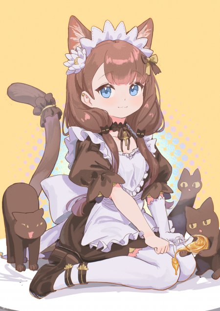猫耳女仆装棕色长发蓝眼少女与黑猫互动暖黄动漫手机壁纸