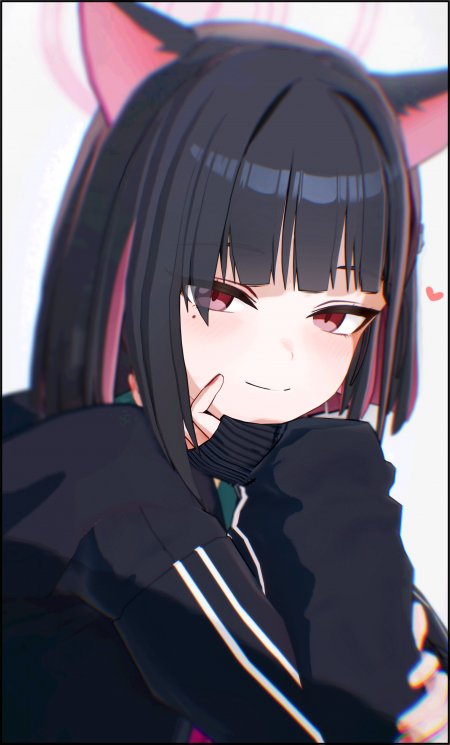 猫耳黑发红瞳少女微笑托腮粉紫动漫手机壁纸