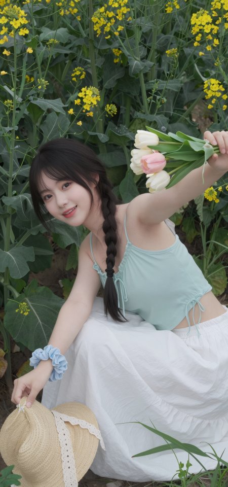 美女长发编辫手持郁金香坐油菜花田青白清新人物摄影手机壁纸