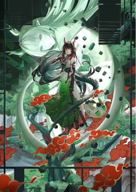 明日方舟艾雅法拉绿发鹿角少女与巨龙共舞青绿红云奇幻动漫手机壁纸