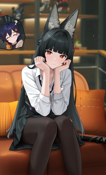 明日方舟德克萨斯黑发狐耳少女托腮坐沙发暖橙动漫手机壁纸