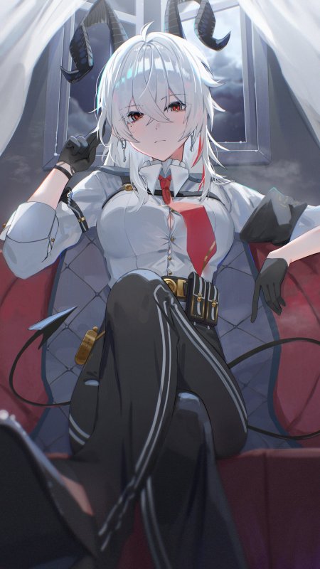 明日方舟史尔特尔银发红瞳恶魔角少女坐姿蓝灰暗调动漫手机壁纸