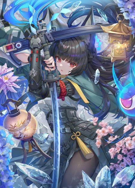 明日方舟星见雅蓝发红瞳持剑少女晶簇樱花蓝紫动漫手机壁纸