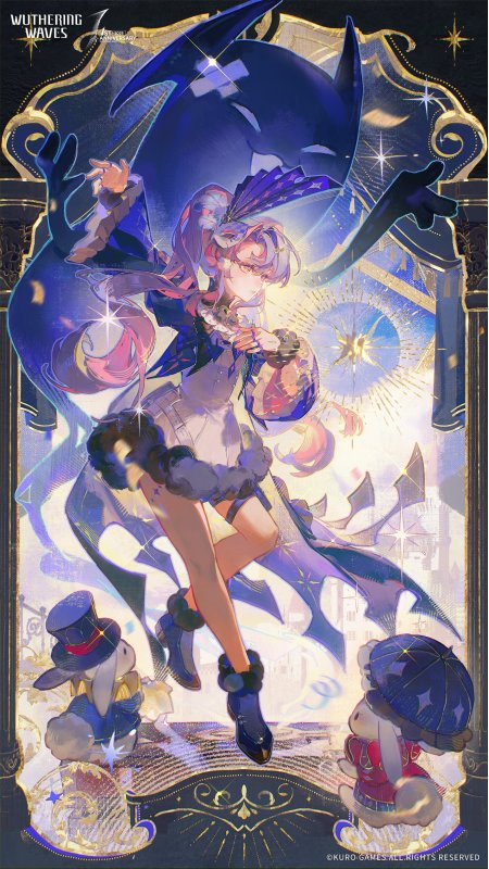 鸣潮一周年纪念插画少女持械跃起蓝金炫光动漫手机壁纸