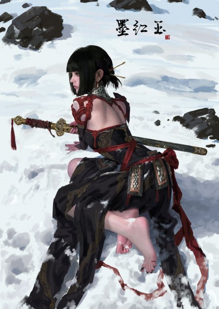 墨红玉黑发少女雪地持剑红黑古风动漫手机壁纸