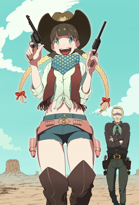 牛仔少女双枪举高笑颜蓝绿星空背景动漫手机壁纸