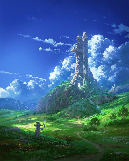 奇幻废墟高塔矗立青山绿野间蓝白天空云卷云舒魔法师持杖远望唯美动漫手机壁纸