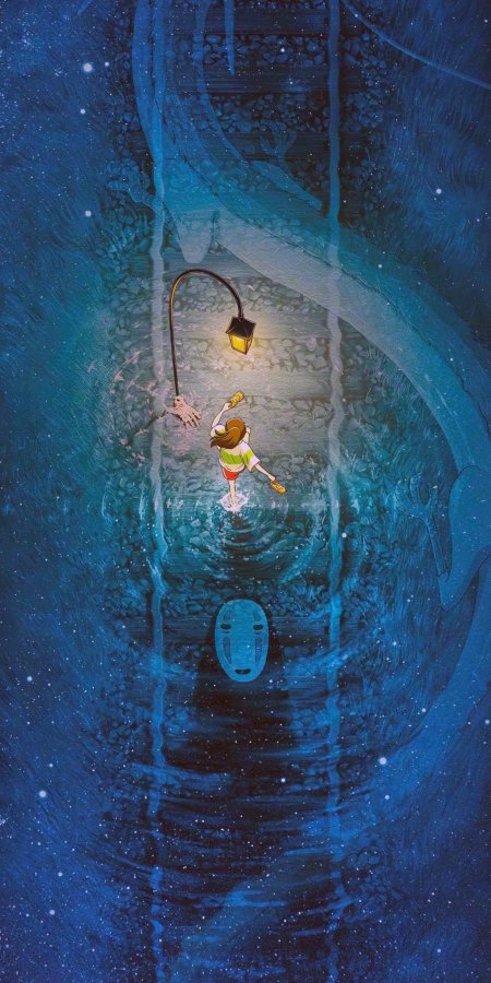 千与千寻小千奔跑水道无脸男蓝星空幻境动漫手机壁纸