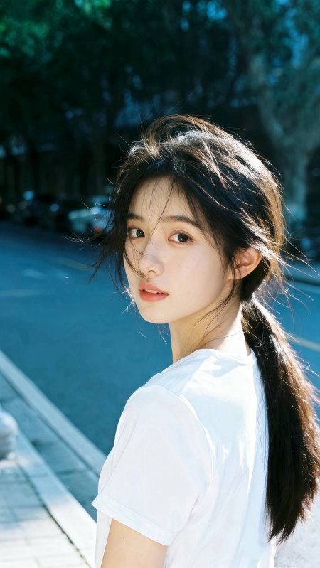 清纯少女白T扎马尾回眸蓝绿光影人物摄影手机壁纸