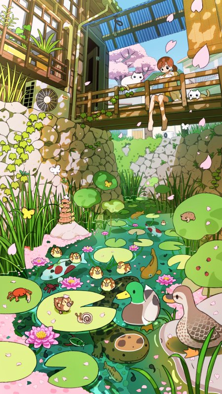 日式庭院樱花飘落少女与猫鸭鱼虾共处绿意盎然动漫手机壁纸
