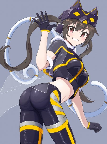 赛博猫娘少女黑黄紧身战衣举手微笑紫灰动漫手机壁纸