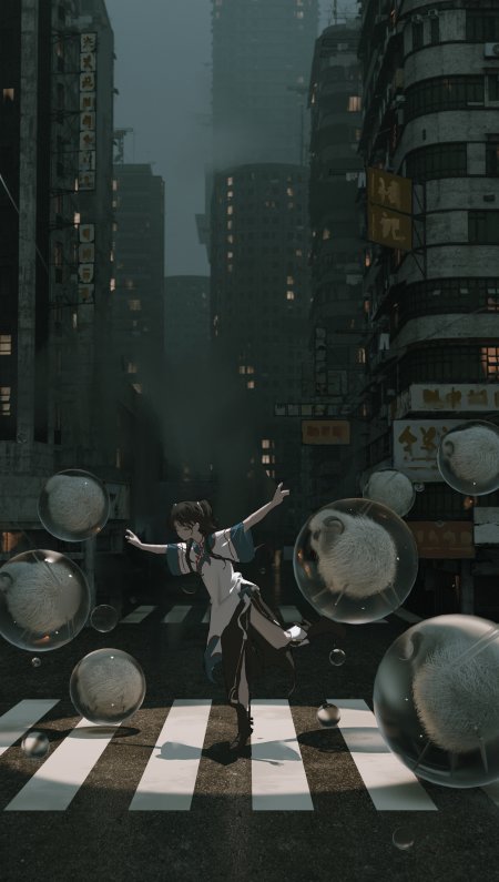 赛博朋克都市少女张开双臂悬浮透明球体灰蓝科幻动漫手机壁纸